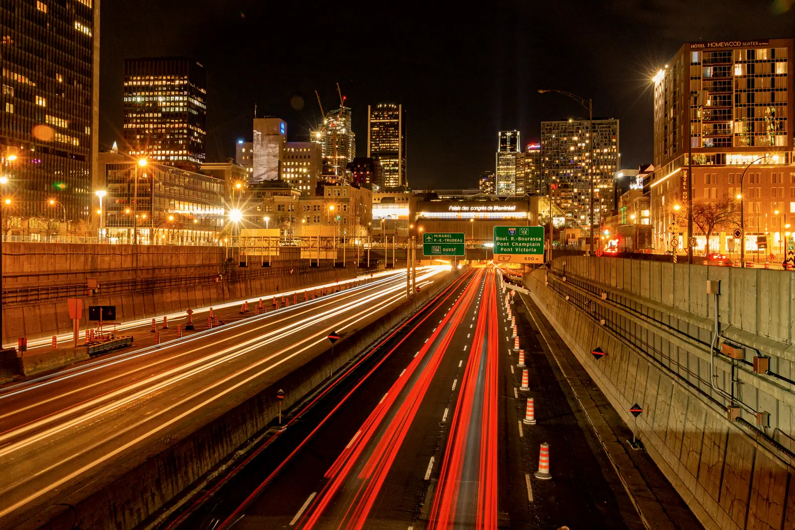 Light trails on a Montreal highway at night